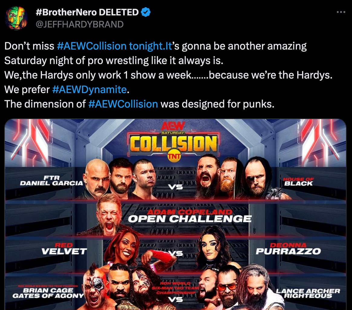 Jeff Hardy Takes Shot At AEW Before Last Night's Collision
